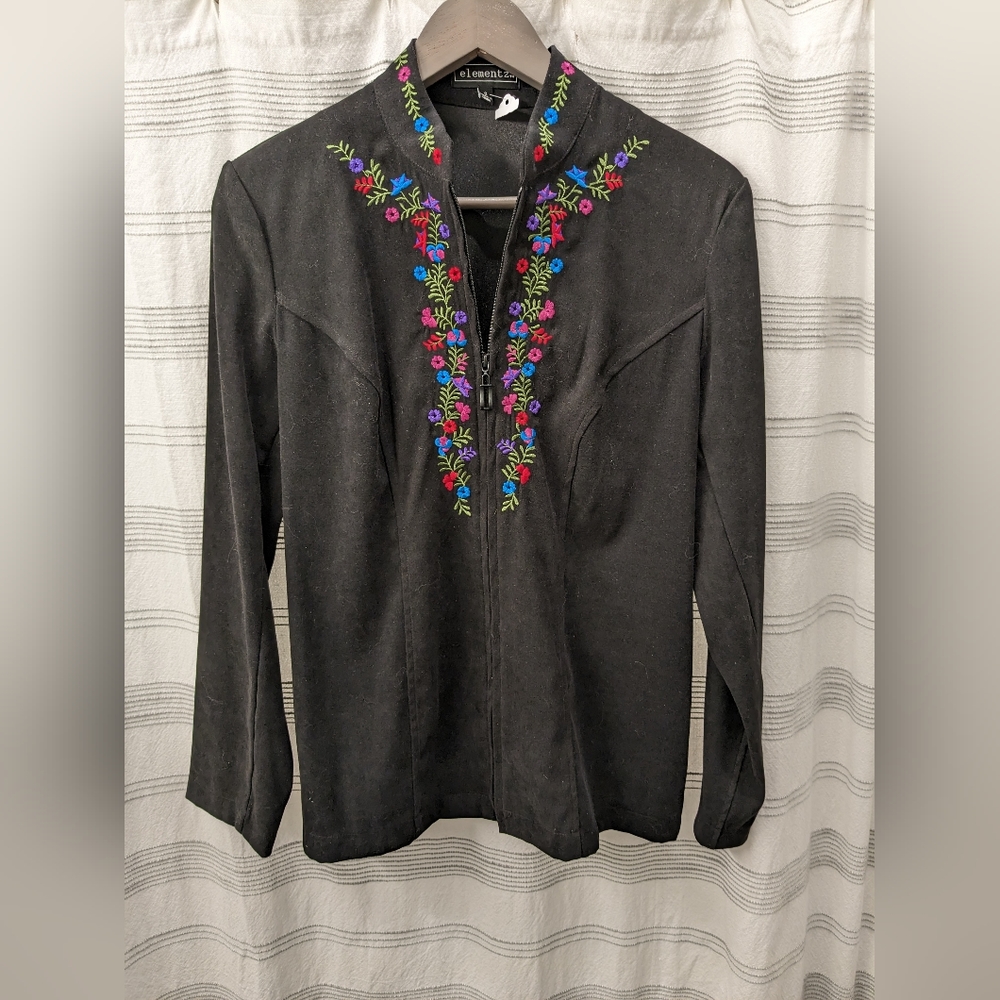 Women's lightweight zip jacket small black bohemian embroidered small Elementz